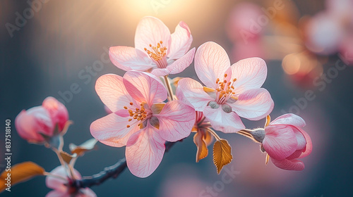 A close up of a pink flower with a light blue background. The flower is the main focus of the image, and it is in full bloom. The light blue background adds a sense of calmness © RedPanda