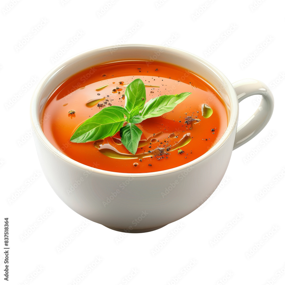 A steaming bowl of tomato soup garnished with fresh basil leaves and black pepper, served in a white cup, isolated on a transparent background. A steaming bowl of tomato soup garnished with fresh basil leaves and black pepper, served in a white cup, isolated on a transparent background.