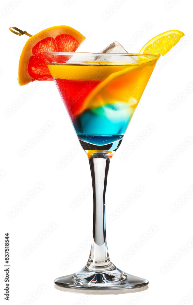 Colorful tropical cocktail in a martini glass with layered gradients and garnished with a slice of orange and lemon.
