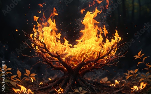 branches and leaves floral ornament with fiery flames