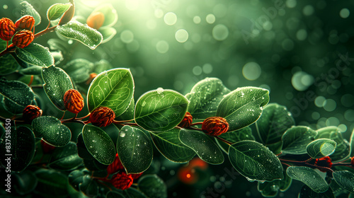 A leafy green bush with red berries on it. The leaves are wet and shiny. The image has a peaceful and calming mood