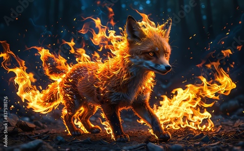 Fox with fiery flames emitting a brilliant glow around the body