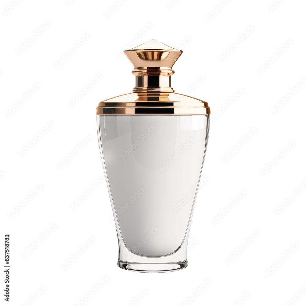 Elegant perfume bottle with a gold and white design. Perfect for beauty, fragrance, and luxury product advertisements.