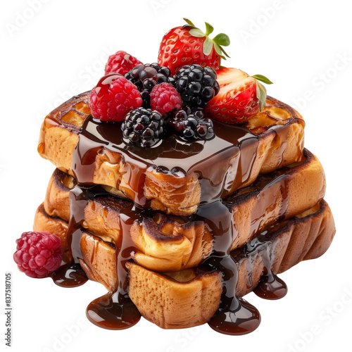 Delicious stack of French toast topped with assorted berries and drizzled with chocolate syrup, perfect for a sweet breakfast treat.