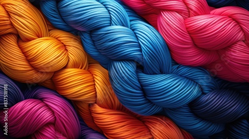 Colorful Braided Yarn Close-Up Vibrant Textile Fibers in Knitted Twists for Crafting and Design photo