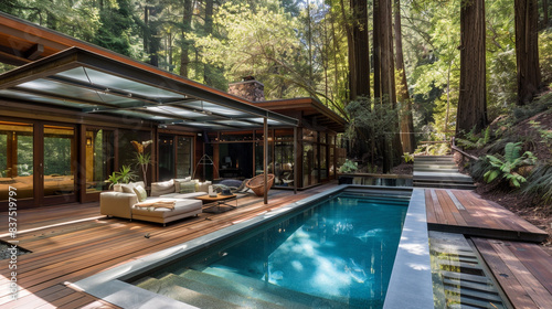 A secluded hideaway nestled amidst towering redwoods, its backyard oasis boasting a pool covered by a sleek acrylic canopy