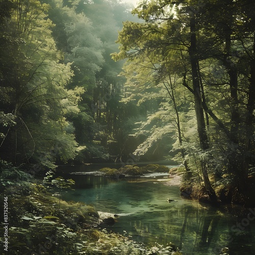 Morning river in a lush green forest with trees, rocks, and reflections of the blue sky