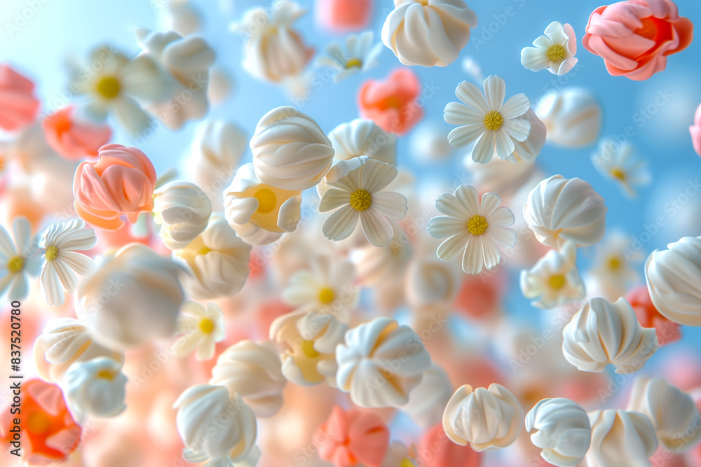 Fototapeta premium A bunch of white flowers are floating in the air. The flowers are scattered all over the image, with some closer to the top and others near the bottom. Scene is light and airy