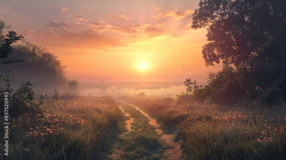 Fototapeta premium Serene Sunrise Over a Misty Meadow Path with Lush Greenery and Vibrant Wildflowers Under a Golden Sky