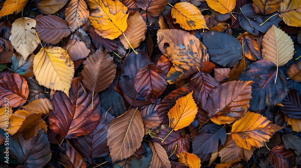 Fototapeta premium autumn leaves of various colors, including brown, yellow, and green, are scattered on the ground