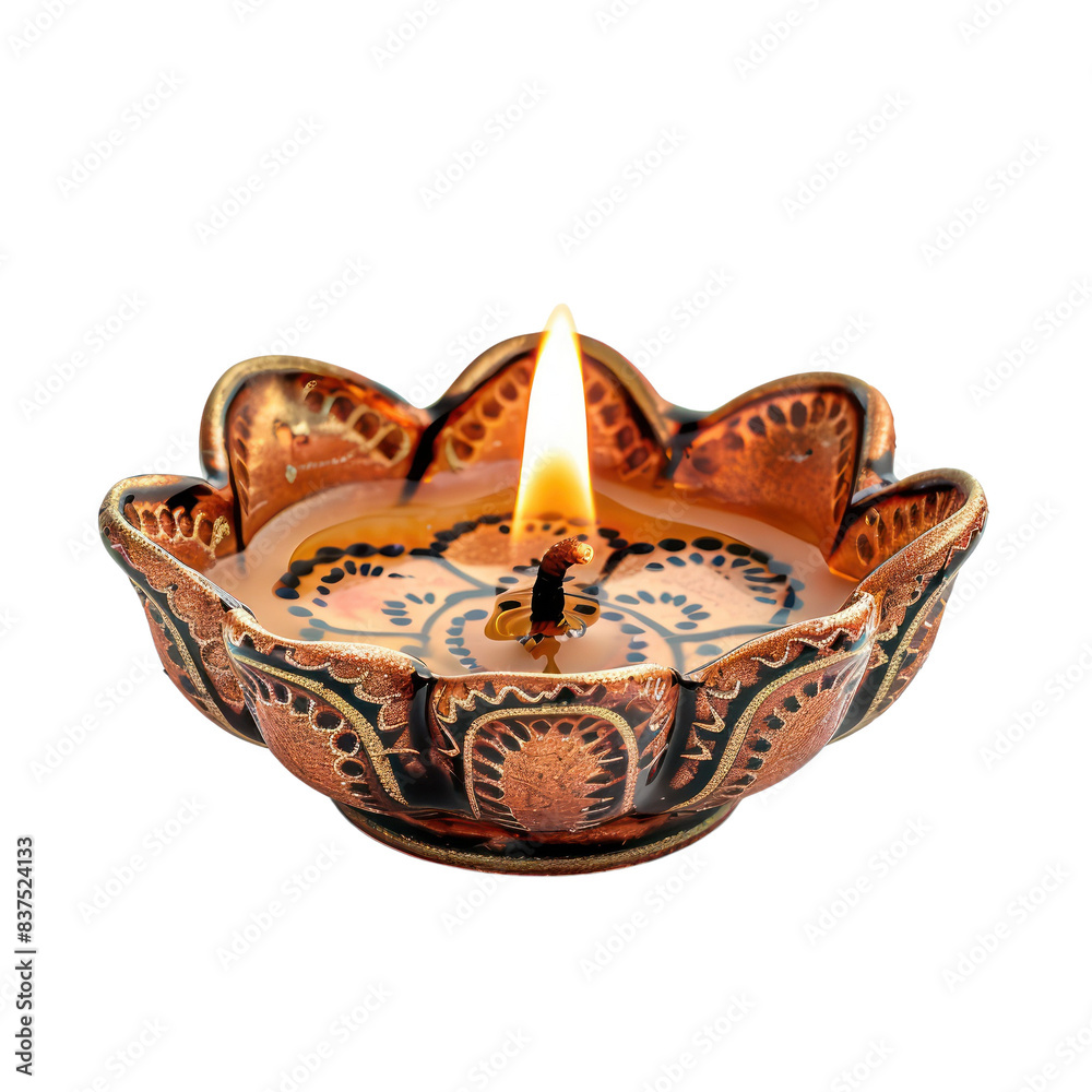 Obraz premium Beautifully decorated clay oil lamp with a burning flame, perfect for celebrations and festive occasions. Brighten up any space with its warm glow. transparent backgrounds