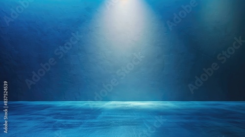 Illuminated Blue Spotlight Studio Room with Gradient Floor and Wall Background for Product Display