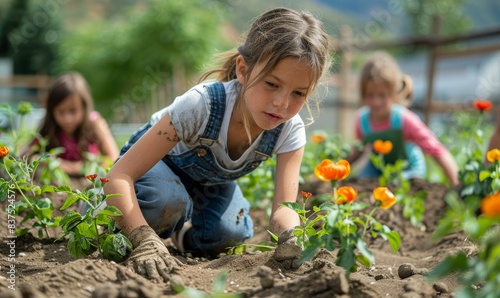 Kids at a community garden, tending to their plants and flowers with enthusiasm. Planting, and enjoying their labor as their garden flourishes, Generative AI 