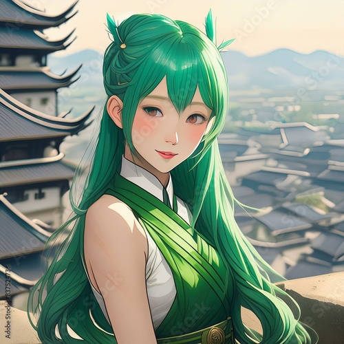 A beautiful Korean woman with long, dark hair styled in a sleek ponytail. She has smooth, fair skin and elegant features, with a calm and serene expression. She is wearing a stylish and modern outfit