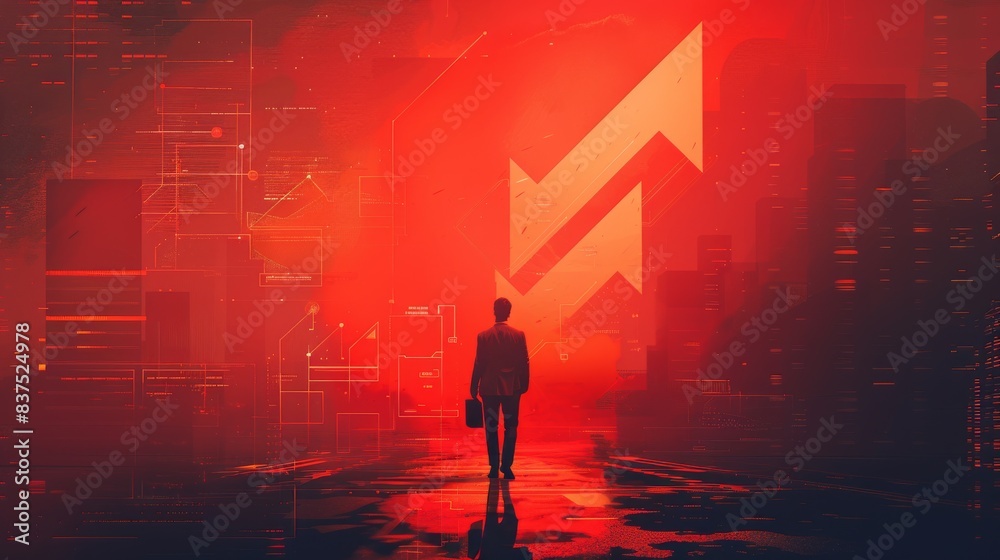 Ascending Career: A businessman with a briefcase stands in front of a digital arrow pointing upwards, symbolizing growth and success in the corporate world Ascending Career: A businessman with a briefcase stands in front of a digital arrow pointing upwards, symbolizing growth and success in the corporate world