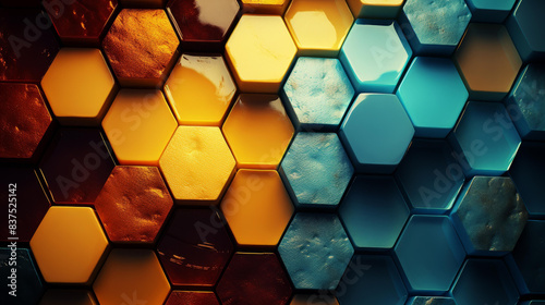 Stunning hexagon design with intricate details and organic shapes, featuring textured surfaces and high resolution.
