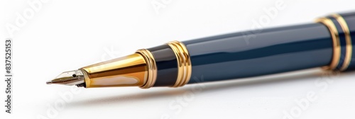 Tip of classic blue and golden luxury fountain pen isolated on white background