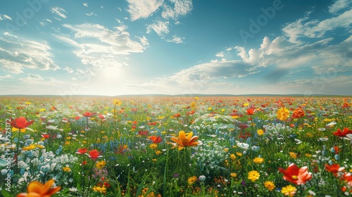 In the beautiful summer field, natural green plants bloom, creating a fresh backdrop of blossoming flowers and lush grass, embodying the essence of nature's springtime beauty.
