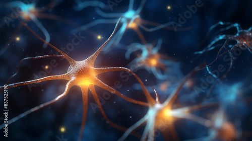 Illuminated Brain Neuron Cells in 3D Space Concept. Abstract Neural Network Illustration for Neuroscience Research. photo