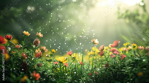 In the beautiful summer field, natural green plants bloom, creating a fresh backdrop of blossoming flowers and lush grass, embodying the essence of nature's springtime beauty. © AliaWindi