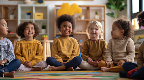 Diverse group of young children sit together in classroom.