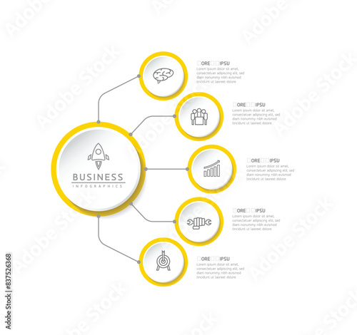 Vector infographic business presentation template with circular interconnection with 5 options.