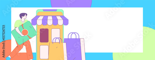 Holiday shopping people doing e-commerce online shopping flat vector concept operation hand drawn illustration
