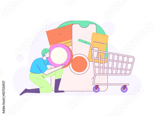 Holiday shopping people doing e-commerce online shopping flat vector concept operation hand drawn illustration

