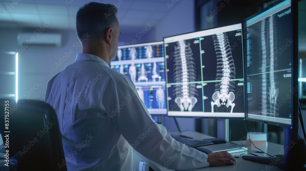 A radiologist sits attentively behind a computer monitor, analyzing a magnetic resonance imaging (MRI) scan. A radiologist sits attentively behind a computer monitor, analyzing a magnetic resonance imaging (MRI) scan.