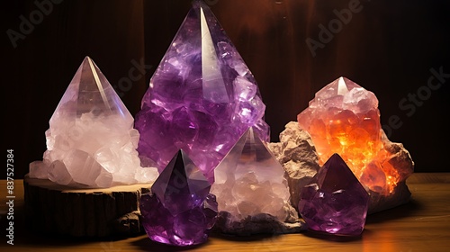Depict crystals (such as amethyst citrine or rose quartz) radiating healing energy 