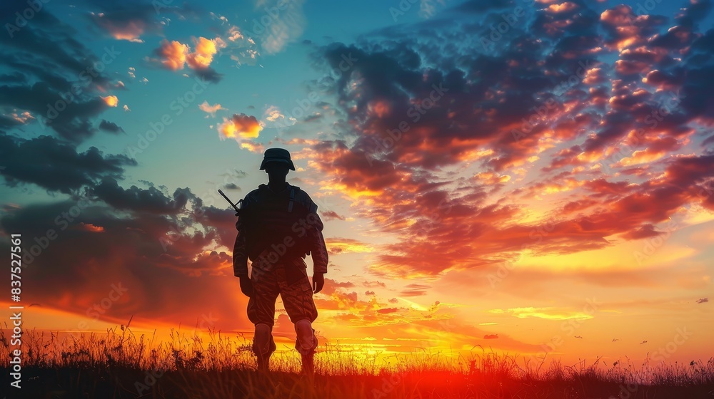 Fototapeta premium Soldier silhouette against dramatic sky - A silhouette of a soldier standing against a visually striking sunset sky symbolizes themes of patriotism and contemplation
