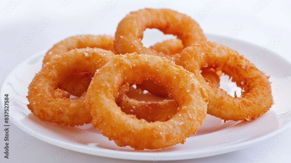 Delicious golden breaded and deep fried crispy onion rings on white plate Delicious golden breaded and deep fried crispy onion rings on white plate