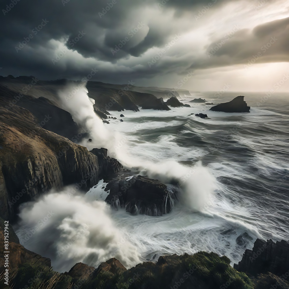 Obraz premium Dramatic photo of a storm brewing over a rugged coastline with crashing waves
