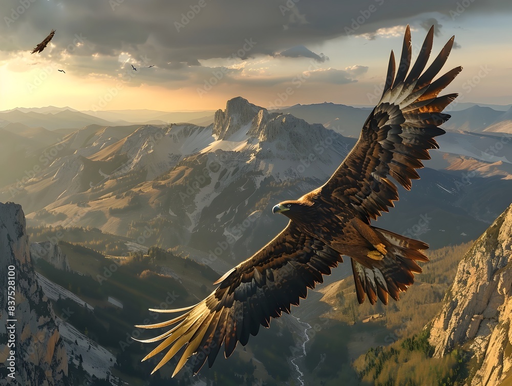Fototapeta premium Majestic D Rendered Eagle Soaring Above Rugged Mountainous Landscape