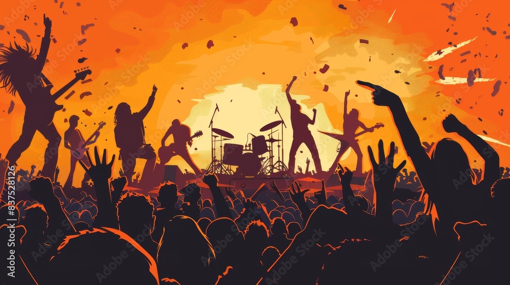 Rock band performance. The crowd is in ecstasy. Musicians on stage Rock band performance. The crowd is in ecstasy. Musicians on stage