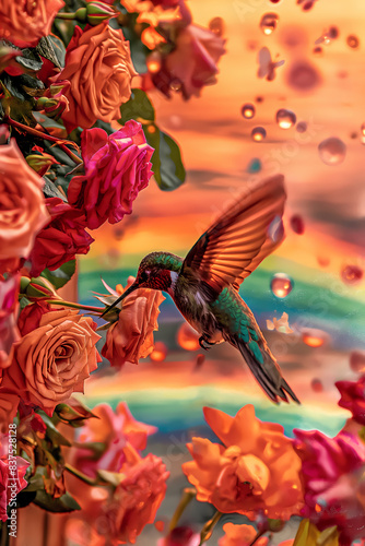 illustrate of a Hummingbird flying in the air collecting nectar