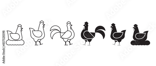 Simple set of Chicken in line and flat style, Outline rooster icon. Chicken, Rooster and hen flat icon. Farm bird symbol. Chicken icon vector illustration isolated on transparent background. Eps10