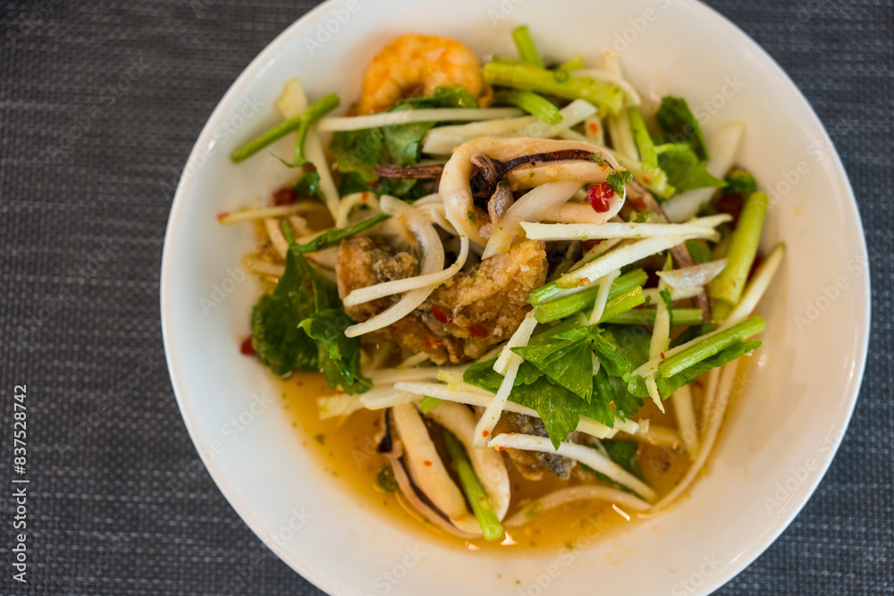 Thai crispy seafood spicy salad. Thai Spicy salad. Thai crispy seafood spicy salad. Thai Spicy salad.