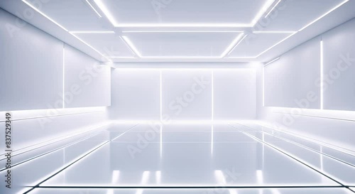 The interior design of the endless tunnel is bright white with white neon