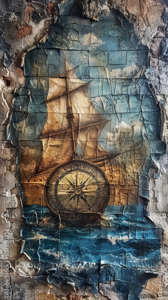 Fototapeta premium A compass painted onto the cracked hull of a ship generated by AI