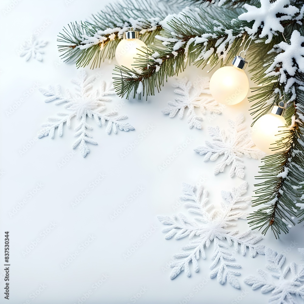 White Christmas Background with Snowflakes and Pine White Christmas Background with Snowflakes and Pine