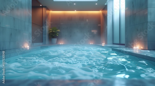 Luxurious indoor spa pool with candles. Luxurious indoor spa pool with gentle lighting and candles  creating a serene and relaxing atmosphere.