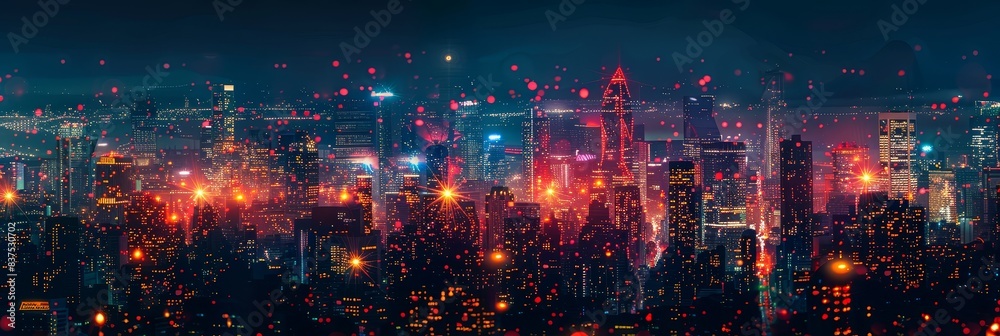 Festive city lights with bokeh effect - A nighttime skyline sprinkled with glowing city lights and a bokeh effect creating a celebratory atmosphere Festive city lights with bokeh effect - A nighttime skyline sprinkled with glowing city lights and a bokeh effect creating a celebratory atmosphere