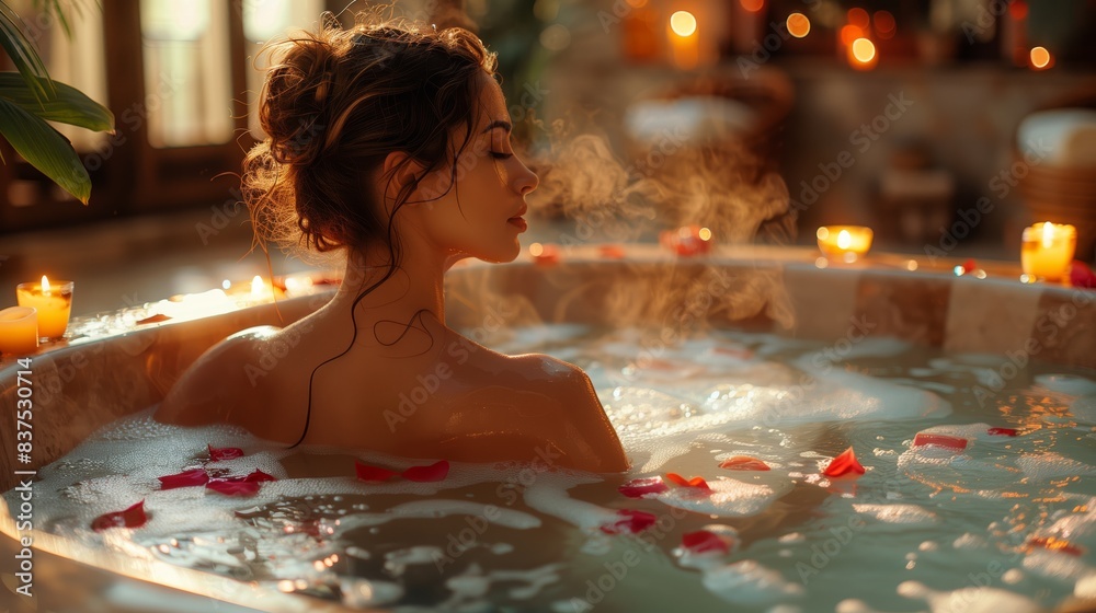 Woman in warm bath with rose petals and candles. Woman soaking in a warm bath with rose petals and candles, creating a romantic and relaxing spa ambiance. Woman in warm bath with rose petals and candles. Woman soaking in a warm bath with rose petals and candles, creating a romantic and relaxing spa ambiance.