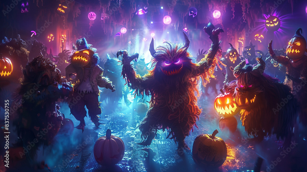 Fototapeta premium An energetic monster mash party with eerie lights and various monsters dancing