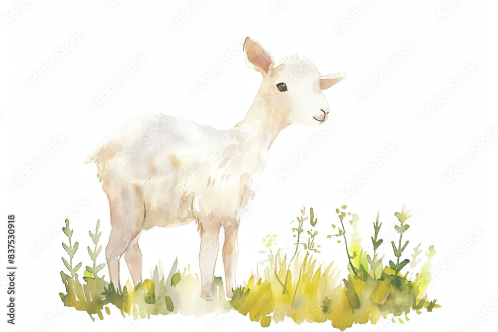 Watercolor Illustration of a Cute Lamb in a Field Watercolor Illustration of a Cute Lamb in a Field