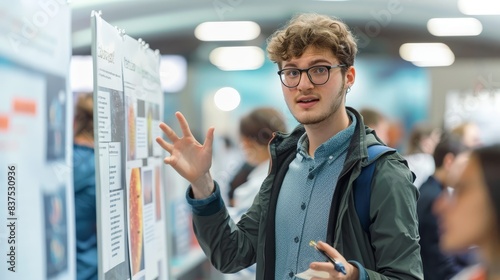 Student discussing academic poster content - Engaged student in glasses explains content of his academic poster to peers, reflecting an educational environment and collaboration