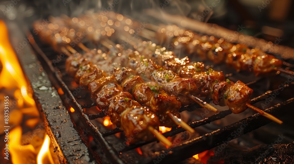 Yakitori Skewers on Open Flame Grill. Yakitori skewers grilling over ...