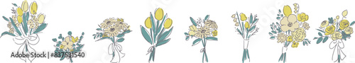 線画の花束イラスト。花束のベクターイラスト。手描きのウェディングブーケイラストセット。Bouquet illustration of line drawing. Vector illustration of bouquet. Hand drawn wedding bouquet last set.