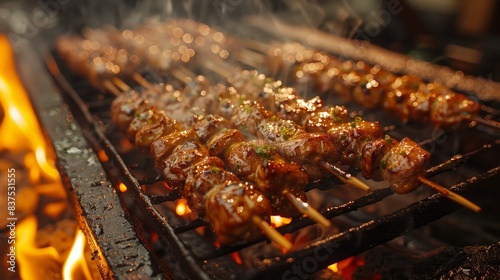 Yakitori Skewers on Open Flame Grill. Yakitori skewers grilling over open flames  capturing the essence of traditional Japanese street food cuisine.